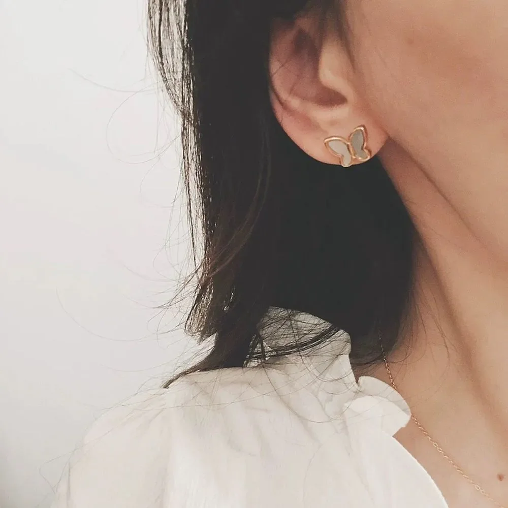 18K Gold Plated Mother of Pearl Butterfly Earrings Studs - Picture 5 of 8
